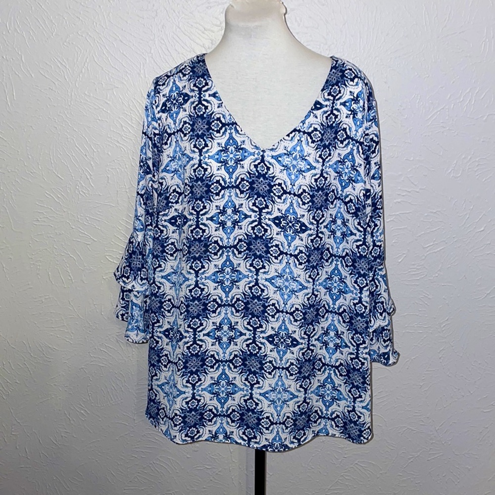 NY Collection Blue & White with Ruffle Bell Sleeves 1X
